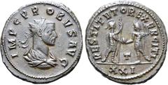 Probus Probus BI Antoninianus. Cyzicus, AD 280. IMP C PROBVS AVG, radiate, draped and cuirassed bust to right / RESTITVTOR EXERCITI, emperor standing to left, holding sceptre, receiving globe from sol