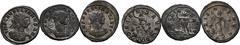 Probus Lot of 3 Aurelian BI Antoniniani. Lot includes: 1. Aurelian BI Antoninianus. Siscia, AD 274-275. IMP C AVRELIANVS AVG, radiate and cuirassed bust to right / ORIENS AVG, Sol walking to left, rig