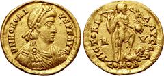 Maritime Honorius AV Solidus. Ravenna, AD 402-406. D N HONORIVS P F AVG, pearl-diademed, draped and cuirassed bust to right / VICTORIA AVGGG, emperor standing facing, head to right, holding standard a