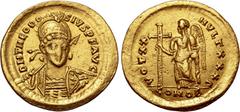 Maritime Theodosius II AV Solidus. Constantinople, AD 420-422. D N THEODOSIVS P F AVG, pearl-diademed, helmeted and cuirassed bust facing slightly to right, holding spear and shield decorated with hor