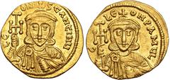 Byzantine Constantine V Copronymus, with Leo III 'the Isaurian', AV Solidus. Constantinople, AD 745-750. N CONSƮANƮINЧ', crowned and draped bust of Constantine facing, holding cross potent and akakia 