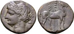 Greek Zeugitania, Carthage BI Tridrachm. Second Punic War, circa 210-205 BC. Head of Tanit to left, wearing wreath of corn ears / Horse standing to right, palm tree behind. SNG Copenhagen 190; MAA 44;