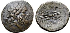 Greek Sicily, Kentoripai Æ Tetrachalkon. Circa 344-336 BC. Laureate head of Zeus to right, eagle behind / KENTOPIΠINΩN, thunderbolt; Δ below. CNS 3; SNG ANS 1311; HGC 2, 633. 13.34g, 25mm, 9h. Good Ve
