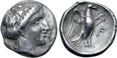 Greek Elis, Olympia AR Hemidrachm. 'Hera' mint, 113th-115rd Olympiad, circa 328-320 BC. Head of the nymph Olympia to right / Eagle standing to right, wings open; F in right field. BCD Olympia 336.10 (