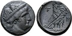 Greek Elis, Olympia Æ 24mm. Civic coinage, circa 42-31 BC. Head of Hera to right, wearing stephane / Eagle standing to right on thunderbolt, with wings closed; F-[A] across upper fields, monogram in r