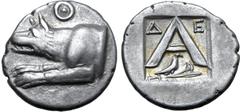 Greek Argolis, Argos AR Triobol. Circa 270-250 BC. Forepart of wolf at bay to left, with legs outstretched; Θ above / Large A, Δ-E across upper fields, eagle standing to right on harpa to right below;