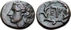 Greek Argolis, Hermione Æ Chalkous. Circa 360-310 BC. Wreathed head of Demeter Chthonia to left / Torch, E-P across fields; all within grain wreath. Grandjean, Monnayage Group I, Emission 2B, Dies D33