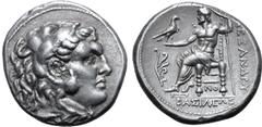 Greek Kingdom of Macedon, Demetrios I Poliorketes AR Tetradrachm. In the name and types and Alexander III. Corinth, circa 310-290 BC. Head of Herakles to right, wearing lion skin headdress / Zeus Aëto