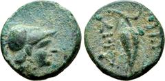Greek Thrace, Lysimacheia as Seleukeia(?) Æ 10mm. After 280 BC. Head of Athena to right, wearing crested Corinthian helmet / Grain ear with two leaves, ΣΕ-ΛΕY across fields. A. Dieudonné, Monnaies Gre