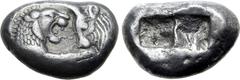 Greek Kingdom of Lydia, Kroisos AR Stater - Double Siglos. Sardes, circa 561-546 BC. Confronted foreparts of lion to right and bull to left / Two incuse squares of unequal size. GRPC Lydia S1; Berk 20