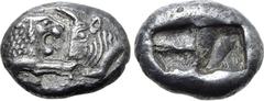 Greek Kingdom of Lydia, Kroisos AR 1/3 Stater. Sardes, circa 561-546 BC. Confronted foreparts of lion to right and bull to left / Two irregular incuse squares. GRPC Lydia S5; SNG Keckman 359; Boston M