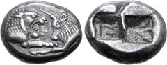 Greek Kingdom of Lydia, Kroisos AR 1/3 Stater. Sardes, circa 561-546 BC. Confronted foreparts of lion to right and bull to left / Two irregular incuse squares. GRPC Lydia S5; SNG Keckman 359; Boston M