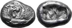 Greek Kingdom of Lydia, Kroisos AR 1/3 Stater. Sardes, circa 561-546 BC. Confronted foreparts of lion to right and bull to left / Two irregular incuse squares. GRPC Lydia S5; SNG Keckman 359; Boston M