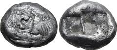 Greek Kingdom of Lydia, Kroisos AR 1/3 Stater. Sardes, circa 561-546 BC. Confronted foreparts of lion to right and bull to left / Two irregular incuse squares. GRPC Lydia S5; SNG Keckman 359; Boston M