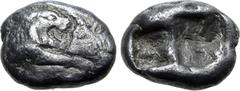 Greek Kingdom of Lydia, Kroisos AR 1/6 Stater. Sardes, circa 561-546 BC. Confronted foreparts of lion to right and bull to left / Two incuse square punches of unequal size. GRPC Lydia S6; Rosen 667; S