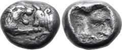 Greek Kingdom of Lydia, Kroisos AR 1/12 Stater. Sardes, circa 561-546 BC. Confronted foreparts of lion to right and bull to left / Incuse square. GRPC Lydia S8; SNG Kayhan 1020-21; SNG von Aulock 2880