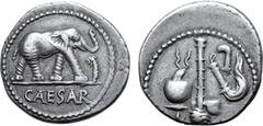 Roman Imperatorial Julius Caesar AR Denarius. Military mint travelling with Caesar, 49-48 BC. Elephant advancing to right, trampling on serpent; CAESAR in exergue / Emblems of the pontificate: simpulu