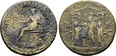 Roman Imperial Caligula Æ Sestertius. Rome, AD 37-38. [C C]AESAR AVG GERMAN[ICVS P M TR] POT, Pietas seated to left, holding patera and resting arm on [small draped standing figure]; [PI]ET[AS] in exe