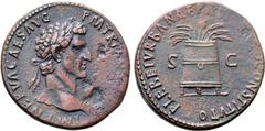 Roman Imperial Nerva Æ Sestertius. Rome, AD 97. IMP NERVA CAES AVG P M TR P COS [III P P], laureate head to right / PLEBEI VRBANAE FRV[MENTO C]ONSTITVTO, modius containing six wheat-ears and a poppy; 
