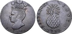 Medieval & World Barbados, British Colonial. George III CU Pineapple Penny. 1788. John Gregory Hancock, engraver. I • SERVE, head of a slave to left, wearing a coronet and three feather plume / BARBAD