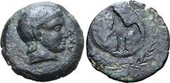 Greek Etruria, uncertain mint Æ 25 Units. Late 4th - early 3rd century BC. Helmeted head of Menvra to right; XXV (mark of value) before / Incuse cock standing to left within laurel wreath. EC I, 6.10 