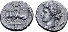Greek Sicily, Syracuse AR Dekadrachm. Time of Dionysios I, circa 405-370 BC. In the style of Euainetos. Charioteer driving galloping quadriga to left, holding kentron in right hand, reins in left; abo