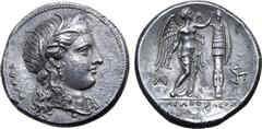 Greek Sicily, Syracuse AR Tetradrachm. Time of Agathokles, circa 310-306/5 BC. Head of Kore to right, wearing wreath of grain ears, single-pendant earring, and necklace; KOPAΣ to left / Nike standing 