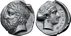 Greek Elis, Olympia AR Stater. 105th Olympiad, 360 BC. Head of Zeus to left, wearing laurel wreath; [FAΛEION to left] / Head of the nymph Olympia to right, hair in sphendone, wearing single-pendant ea