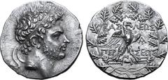 Greek Kingdom of Macedon, Perseus AR Tetradrachm. Amphipolis or Pella mint, circa 171-168 BC. Reduced standard. Au-, mintmaster. Diademed head to right / Eagle, with wings spread, standing to right on