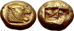 Greek Kingdom of Lydia, Alyattes EL Trite - 1/3 Stater. Sardes, circa 600-561 BC. Head of roaring lion to right, sunburst with [five?] rays on forehead / Two incuse square punches. Cf. GRPC Lydia G25;