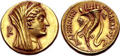 Greek Ptolemaic Kingdom of Egypt, Arsinoe II (wife of Ptolemy II) AV Mnaieon (Oktadrachm). Struck under Ptolemy VI-VIII. Alexandria, circa 180-116 BC. Veiled head to right, wearing stephane; lotus-tip