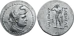 Greek Greco-Baktrian Kingdom, Demetrios I Aniketos AR Tetradrachm. Mint B, circa 200-185 BC. Diademed and draped bust to right, wearing elephant skin headdress / Herakles standing facing, crowning him