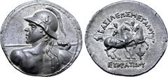 Greek Greco-Baktrian Kingdom, Eukratides I Megas AR Tetradrachm. Circa 170-145 BC. Diademed heroic bust to left, seen from behind, wearing crested helmet adorned with bull's horn and ear, brandishing 