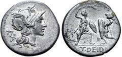 Roman Republic T. Didius AR Denarius. Rome, 113-112 BC. Helmeted head of Roma to right; monogram of ROMA behind, [mark of value below] / Two gladiators fighting, each holding shield, one attacking to 
