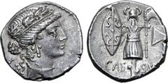 Roman Imperatorial Julius Caesar AR Denarius. Military mint travelling with Caesar, 48-47 BC. Diademed female head to right, wearing oak-wreath; LII (Caesar's age) behind / Trophy of Gallic arms, wear