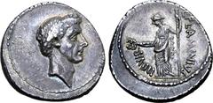 Roman Imperatorial Julius Caesar AR Denarius. Rome, 43 BC. L. Flaminius Chilo, moneyer. Wreathed head of Caesar to right / Goddess (Pax or Venus?) standing to left, holding caduceus and sceptre; L • F