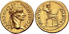 Roman Imperial Tiberius AV Aureus. Lugdunum, AD 14-37. TI CAESAR DIVI AVG F AVGVSTVS, laureate head to right / PONTIF MAXIM, Livia, as Pax, seated to right on throne with ornamented legs, holding scep