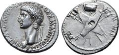 Roman Imperial Nero Claudius Drusus (father of Claudius) AR Denarius. Rome, circa AD 41-45. NERO CLAVDIVS DRVSVS GERMANICVS IMP, laureate head to left / DE GERMANIS, two oblong shields crossed, over v