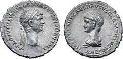 Roman Imperial Claudius with Nero, as Caesar, AR Denarius. Lugdunum, AD 50-54. TI CLAVD CAESAR AVG GERM P M TRIB POT P P, laureate head to right / NERO CLAVD CAES DRVSVS GERM PRINC IVVENT, bare-headed