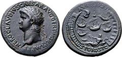 Roman Imperial Nero Æ Sestertius. Rome, AD 62-68. NERO CLAVDIVS CAESAR AVG GER P M TR P IMP P P, laureate head to left / Port of Ostia: seven ships within harbour; at top is pharus surmounted by statu