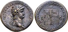 Roman Imperial Nero Æ Sestertius. Rome, AD 67. IMP NERO CLAVD CAESAR AVG GERM P M TR P XIII P P, laureate head to right, aegis on far shoulder / PACE P R TERRA MARIQ PARTA IANVM CLVSIT, view of the Te