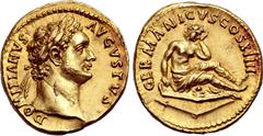 Roman Imperial Domitian AV Aureus. Rome, AD 88. DOMITIANVS AVGVSTVS, laureate head to right / GERMANICVS COS XIIII, Germania seated to right on shield; broken spear below. RIC II.1 560 (same dies); C.