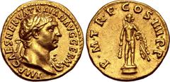 Roman Imperial Trajan AV Aureus. Rome, AD 101-102. IMP CAES NERVA TRAIAN AVG GERM, laureate bust to right, wearing aegis / P • M • TR P • COS • IIII • P • P, Hercules standing facing on low base, hold