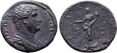 Roman Imperial Hadrian Æ Sestertius. Rome, AD 133-135. HADRIANVS AVG COS III P P, bare-headed and draped bust to right / PAX AVG, Pax standing to left, holding branch and cornucopiae; S-C across field