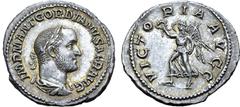 Roman Imperial Gordian II Africanus AR Denarius. Rome, AD 238. IMP M ANT GORDIANVS AFR AVG, laureate, draped, and cuirassed bust to right / VICTORIA AVGG, Victory advancing to left, holding wreath in 
