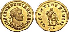 Roman Imperial Maximian AV Aureus. Cyzicus, AD 286-287. IMP C M A MAXIMIANVS AVG, laureate, draped and cuirassed bust to right / VIRTVTI HERCVLIS, Hercules standing facing, head to right, leaning on c