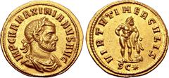 Roman Imperial Maximian AV Aureus. Cyzicus, AD 286-287. IMP C M A MAXIMIANVS AVG, laureate, draped and cuirassed bust to right / VIRTVTI HERCVLIS, Hercules standing facing, head to right, leaning on c