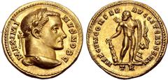 Roman Imperial Maximinus II, as Caesar, AV Aureus. Treveri, AD 305-306. MAXIMINVS NOB C, laureate head to right / HERCVLI CONSER AVGG ET CAESS N N, Hercules standing facing, head to left, wearing lion