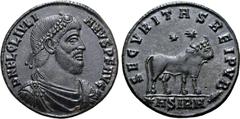 Roman Imperial Julian II BI 27mm. Sirmium, AD 361-363. D N FL CL IVLIANVS P F AVG, pearl-diademed, draped and cuirassed bust to right / SECVRITAS REIPVB, bull standing to right, two stars above; *ASIR