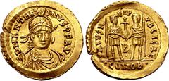 Roman Imperial Anthemius AV Solidus. Rome, AD 468. D N ANTHEMIVS P F AVG, helmeted, pearl-diademed, draped and cuirassed bust facing slightly to right, holding spear over shoulder / SALVS REIPVBLICAE,
